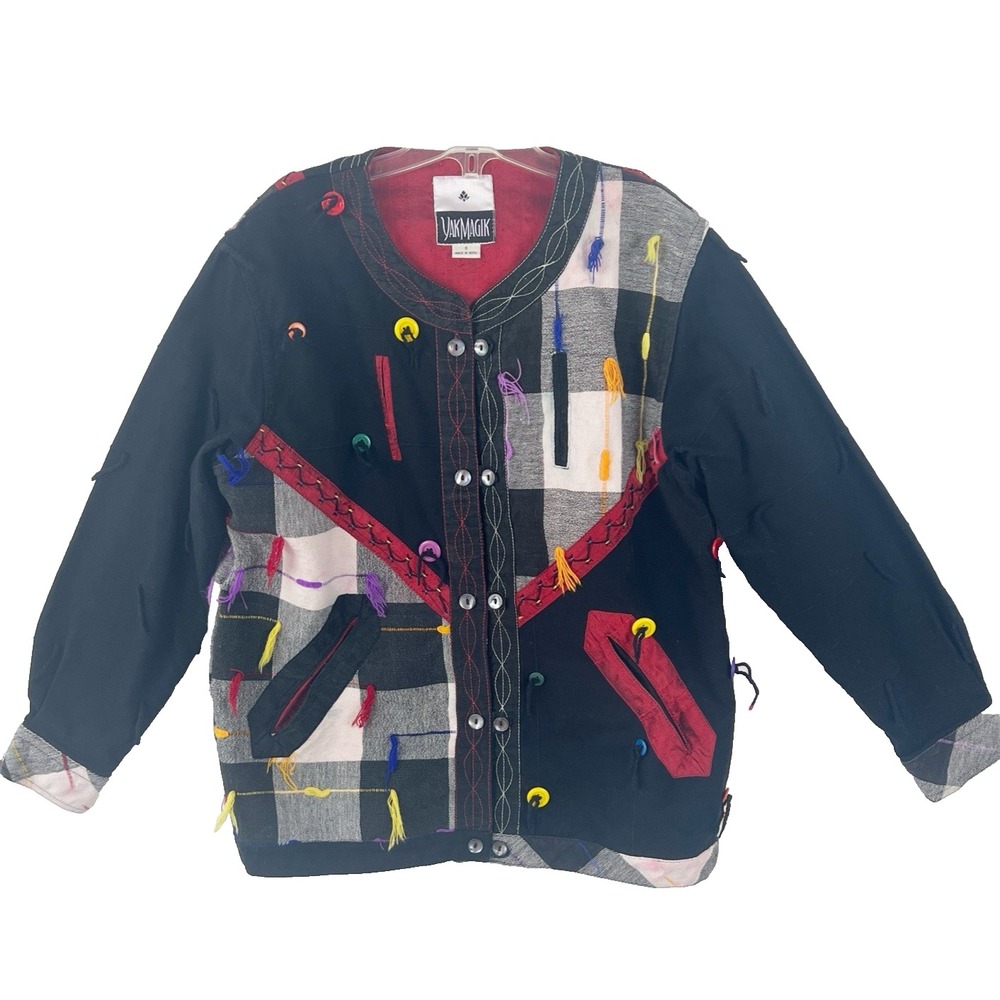 YAK MAGIK Black Red Patchwork Artsy‎ Button Fringe Art to Wear Jacket Size SMALL